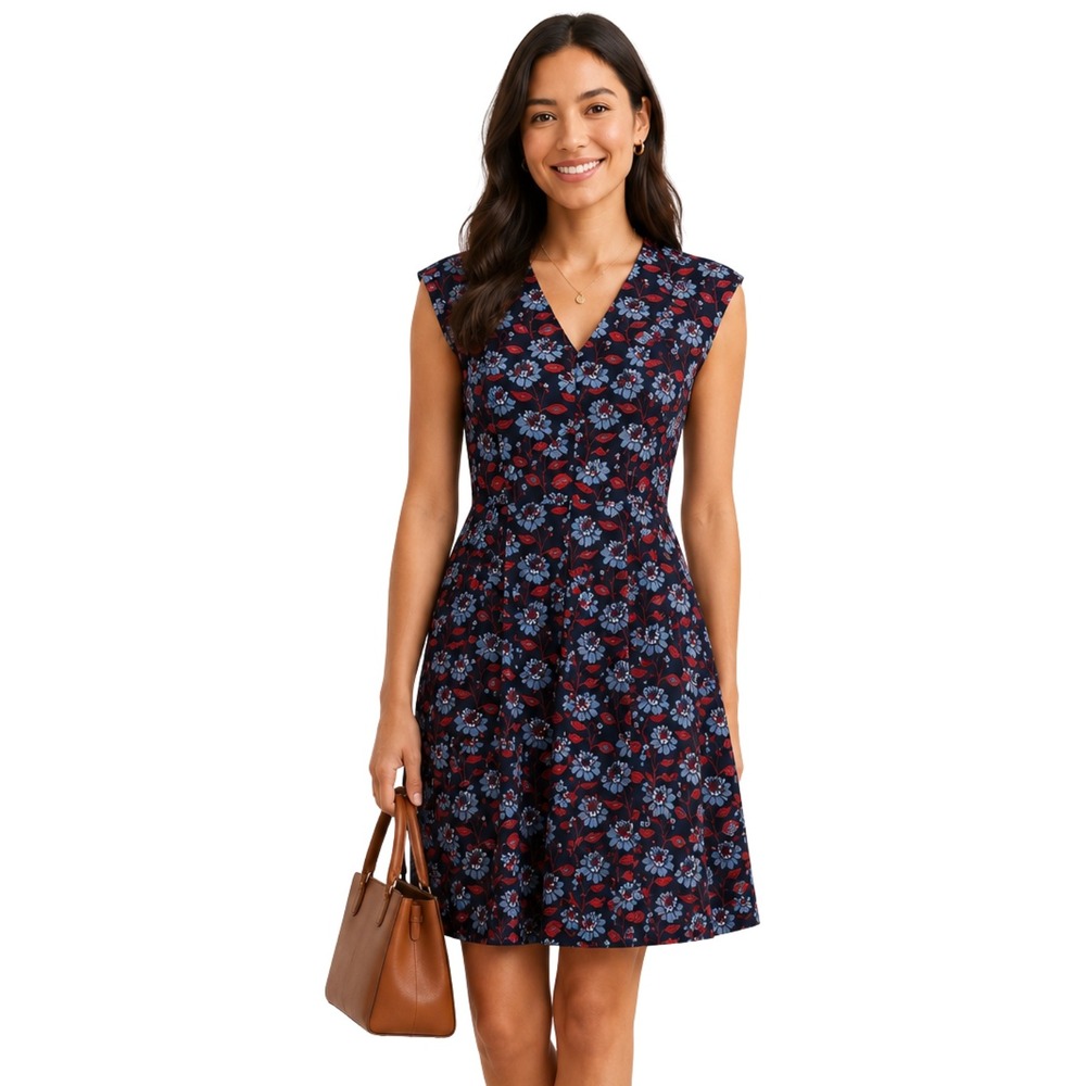 Brooks Brothers Dress Womens Size 8 Blue Red Floral Pleated Fit & Flare Preppy